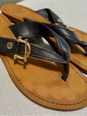 Tory Burch Black Leather Thong Sandals with Gold Hardware
